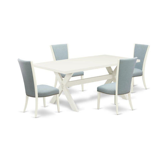 East West Furniture X027VE215-5 5 Piece Dining Table Set - 4 Baby Blue Linen Fabric Upholstered Dining Chair with Nailheads and Linen White Rectangular Dining Table - Linen White Finish