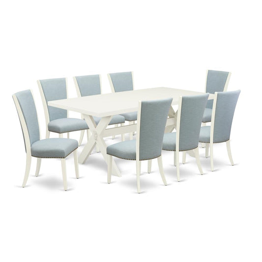 East West Furniture X027VE215-9 9 Piece Mid Century Dining Set - 8 Baby Blue Linen Fabric Dinning Chairs with Nailheads and Linen White Dining Table - Linen White Finish