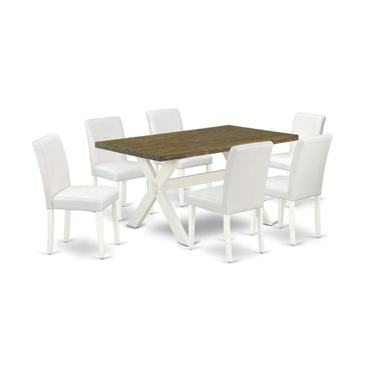 East West Furniture X076AB264-7 7-Piece Modern Rectangular Dining Room Table Set an Outstanding Distressed Jacobean Kitchen Table Top and 6 Amazing Pu Leather Solid Wood Leg Chairs with Stylish Chair