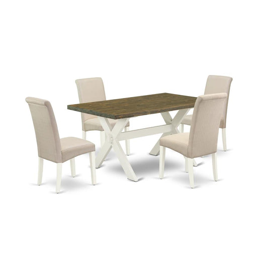 East West Furniture 5-Piece Fashionable a Good Distressed Jacobean Modern Dining Table Top and 4 Wonderful Linen Fabric Solid Wood Leg Chairs with High Roll Chair Back, Linen White Finish