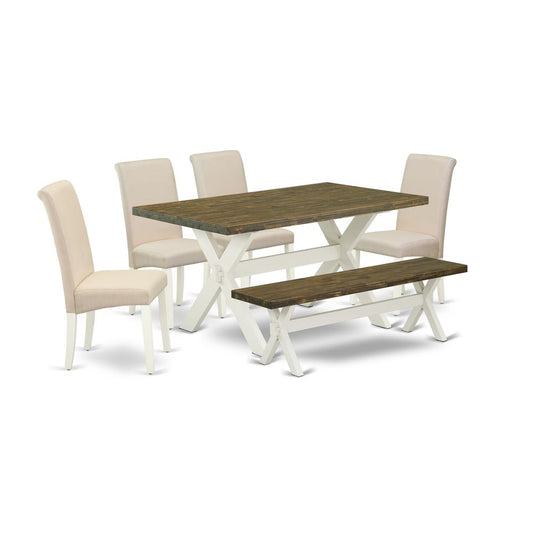 East West Furniture 6-Piece Stylish Dining Table Set a Superb Distressed Jacobean Modern Dining Table Top and Distressed Jacobean Indoor Bench and 4 Lovely Linen Fabric Parson Dining Chairs with High