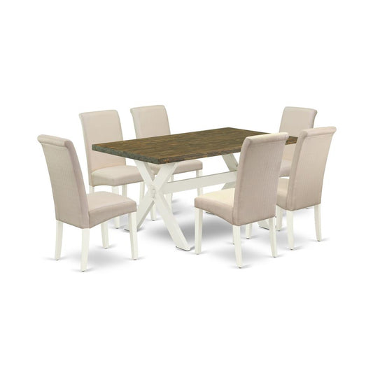 East West Furniture X076BA201-7 7-Pc Kitchen Set - 6 Dining Padded Chairs and 1 Modern Rectangular Distressed Jacobean Kitchen Dining Table Top with High Chair Back - Linen White Finish