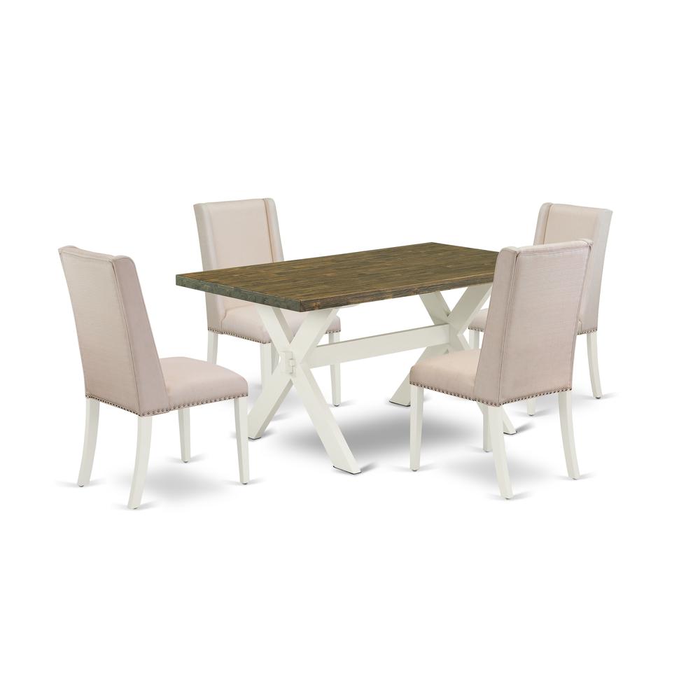 East West Furniture 5-Piece Modern Dining Room Set an Excellent Distressed Jacobean Dining Table Top and 4 Attractive Linen Fabric Parson Chairs with Nails Head and Stylish Chair Back, Linen White Fin