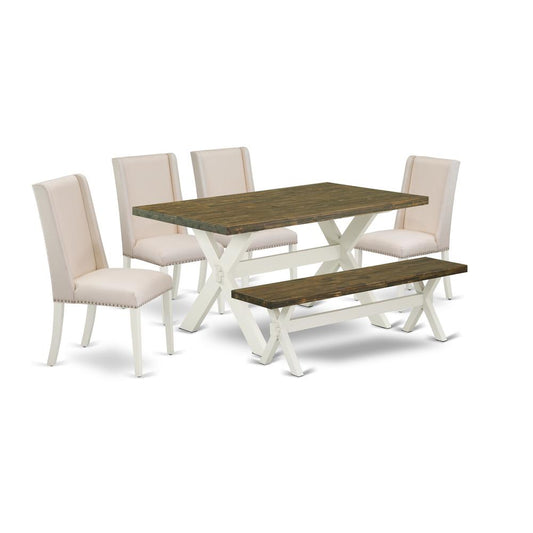 East West Furniture 6-Piece Gorgeous Dining Room Table Set a Good Distressed Jacobean Dining Table Top and Distressed Jacobean Wooden Bench and 4 Beautiful Linen Fabric Parson Dining Room Chairs with