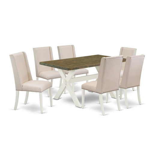 East West Furniture 7-Piece Modern kitchen table set an Excellent Distressed Jacobean Kitchen Rectangular Table Top and 6 Excellent Linen Fabric Parson Chairs with Nails Head and Stylish Chair Back, L