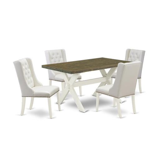 East West Furniture X076FO244-5 5-Piece Dining Table Set Consists of 4 White Pu Leather Dining Chairs with Nailheads and Distressed Jacobean Wooden Table - Linen White Finish