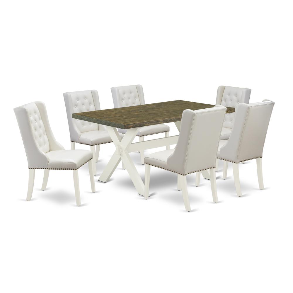 East West Furniture X076FO244-7 7-Pc Dining Set Includes 6 White Pu Leather Upholstered Dining Chair Button Tufted with Nailheads and Rectangular Dining Table - Linen White Finish