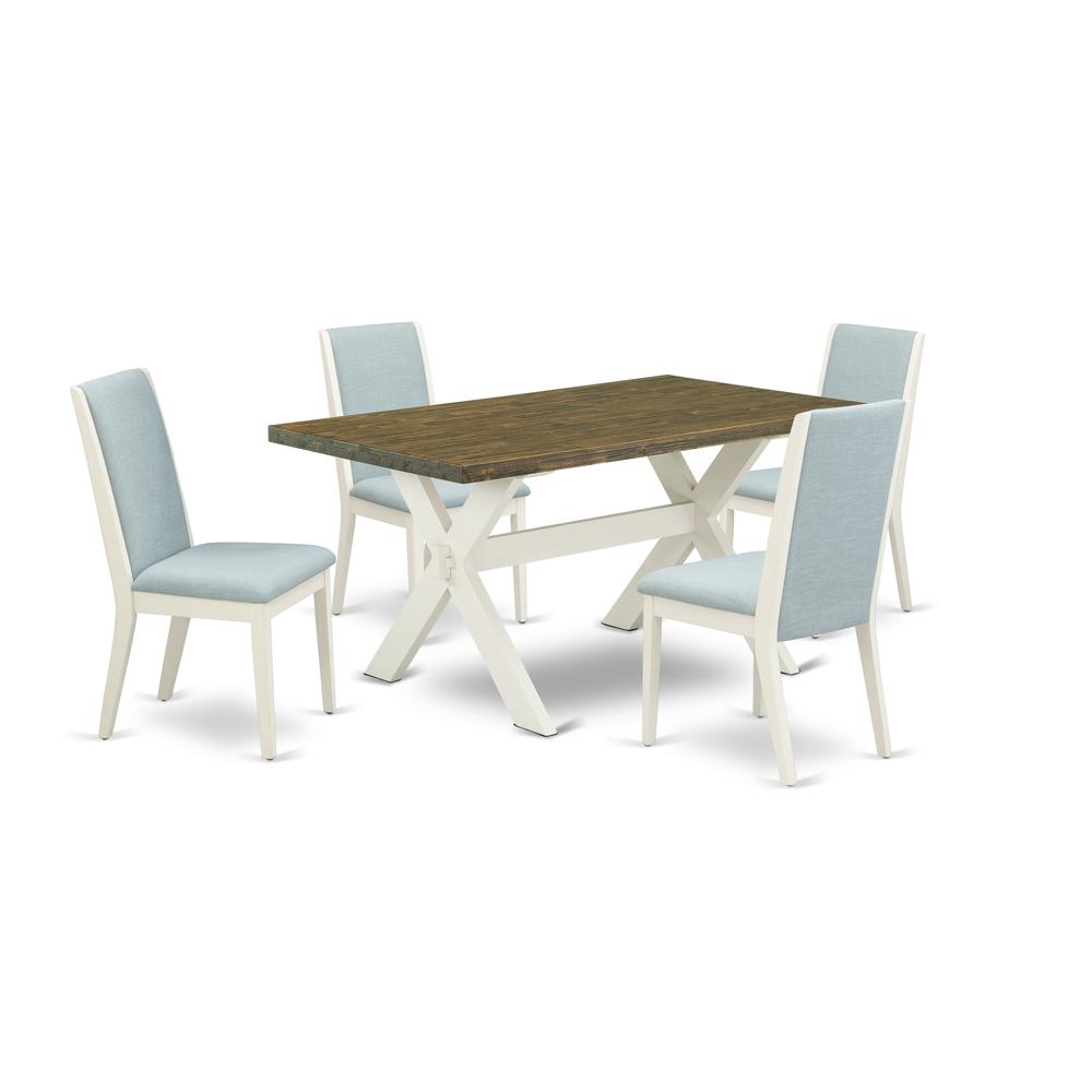 East West Furniture X076LA015-5 5Pc Dining Set Consists of a Wood Table and 4 Parson Dining Chairs with Baby Blue Color Linen Fabric, Medium Size Table with Full Back Chairs, Wirebrushed Linen White a