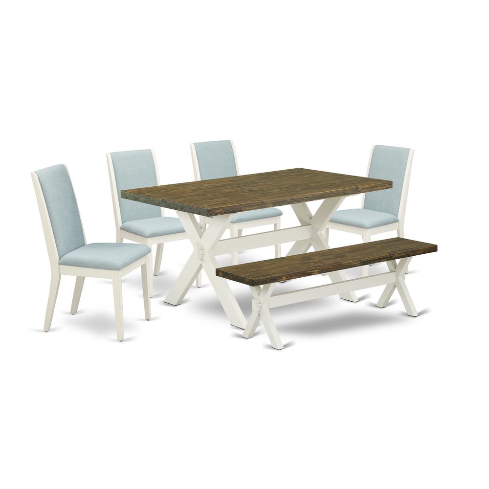 East West Furniture X076LA015-6 6Pc Dining Table Set Offers a Kitchen Table, 4 Parson Dining Chairs with Baby Blue Color Linen Fabric and a Bench, Medium Size Table with Full Back Chairs, Wirebrushed