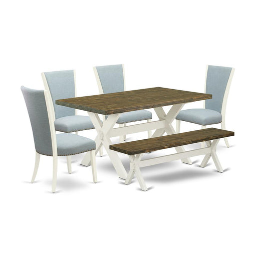 East West Furniture X076VE215-6 6 Piece Dining Room Table Set - 4 Baby Blue Linen Fabric Modern Chair with Nailheads and Distressed Jacobean Rectangular Table - 1 Dining Bench - Linen White Finish