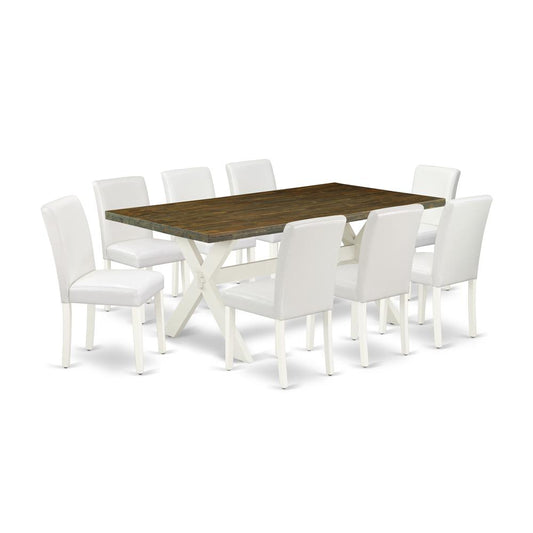 East West Furniture X077AB264-9 9-Piece Beautiful Modern Dining Table Set an Outstanding Distressed Jacobean Rectangular Dining Table Top and 8 Amazing Pu Leather Parson Chairs with Stylish Chair Back