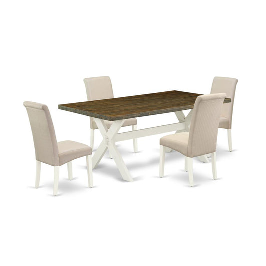 East West Furniture X077BA201-5 5-Pc Modern Dining Table Set - 4 Parson Chairs and 1 Modern Rectangular Distressed Jacobean Kitchen Table Top with High Chair Back - Linen White Finish