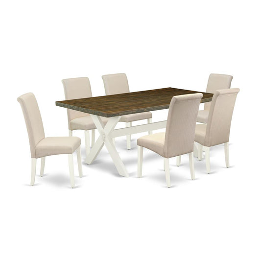 East West Furniture X077BA201-7 7-Pc Dinette Set - 6 Mid Century Dining Chairs and 1 Modern Rectangular Distressed Jacobean Wooden Dining Table Top with High Chair Back - Linen White Finish