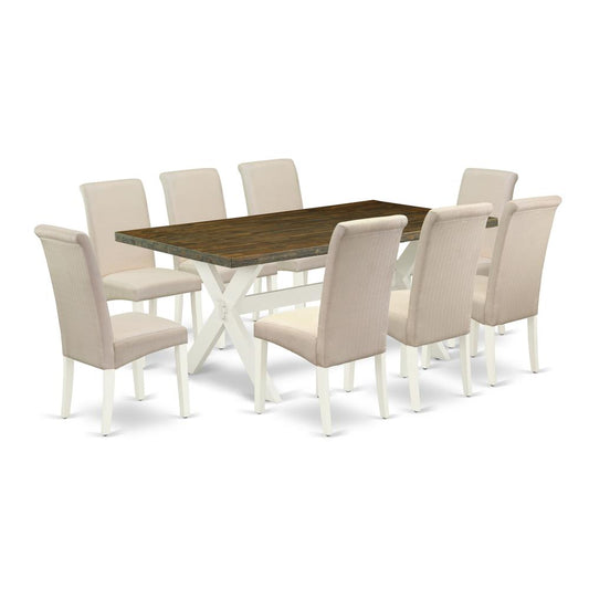 East West Furniture X077BA201-9 9-Pc Dining Table Set - 8 Kitchen Chairs and 1 Modern Rectangular Distressed Jacobean Wood Dining Table Top with High Chair Back - Linen White Finish