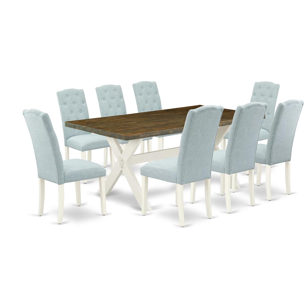 East West Furniture X077CE215-9 9-Piece Dinette Set- 8 Upholstered Dining Chairs with Baby Blue Linen Fabric Seat and Button Tufted Chair Back - Rectangular Table Top & Wooden Cross Legs - Distressed