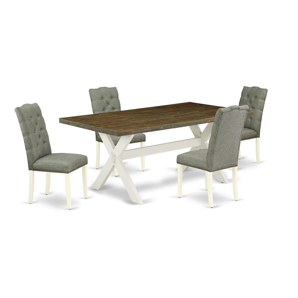 East West Furniture X077EL207-5 5-Piece Modern Dining Set- 4 Upholstered Dining Chairs with Smoke Linen Fabric Seat and Button Tufted Chair Back - Rectangular Table Top & Wooden Cross Legs - Distresse