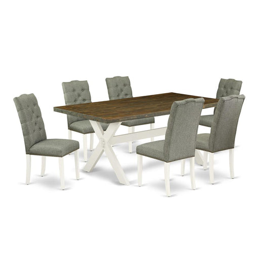 East West Furniture X077EL207-7 7-Pc Dinette Room Set- 6 Parson Chairs with Smoke Linen Fabric Seat and Button Tufted Chair Back - Rectangular Table Top & Wooden Cross Legs - Distressed Jacobean and L