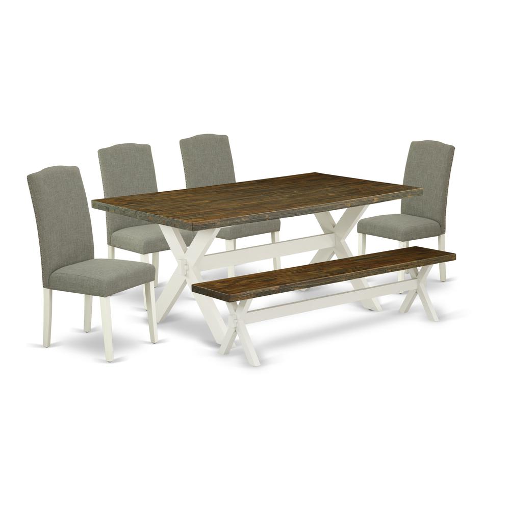 East West Furniture X077EN206-6 6-Piece Fashionable kitchen table set an Excellent Distressed Jacobean Color Kitchen Table Top and Distressed Jacobean Color Small Bench and 4 Beautiful Linen Fabric Pa