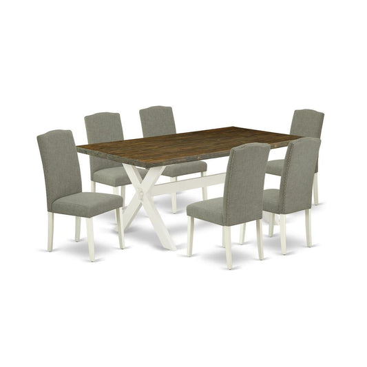 East West Furniture X077EN206-7 7-Piece Gorgeous Dining Table Set an Outstanding Distressed Jacobean rectangular Table Top and 6 Awesome Linen Fabric Parson Chairs with Nail Heads and Stylish Chair Ba