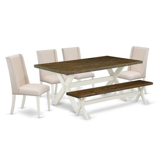 East West Furniture 6-Pc Dining Table Set-cream linen fabric Seat and High Stylish Chair Back Kitchen chairs, A Rectangular Bench and Rectangular Top dining table with Hardwood Legs - Distressed Jacob