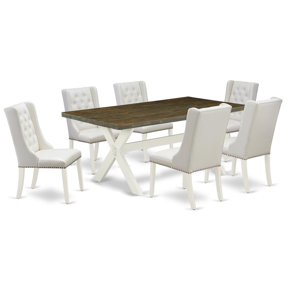 East West Furniture X077FO244-7 7-Pc Dining Table Set Includes 6 White Pu Leather Kitchen Chair Button Tufted with Nailheads and Wood Dining Table - Linen White Finish