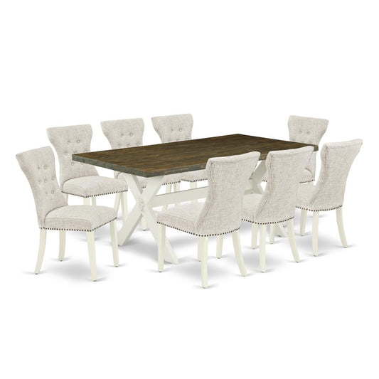 East West Furniture 9-Pc Dining Room Table Set- 8 Dining Chairs with Doeskin Linen Fabric Seat and Button Tufted Chair Back - Rectangular Table Top & Wooden Cross Legs - Distressed Jacobean and Linen