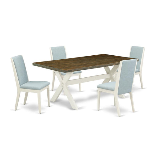 East West Furniture X077LA015-5 5Pc Dining Table set Offers a Dinette Table and 4 Upholstered Dining Chairs with Baby Blue Color Linen Fabric, Medium Size Table with Full Back Chairs, Wirebrushed Line