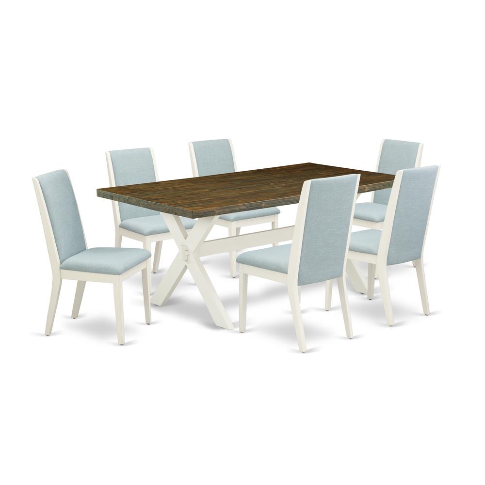 East West Furniture X077LA015-7 7Pc Dinette Set Includes a Dining Room Table and 6 Parson Dining Chairs with Baby Blue Color Linen Fabric, Medium Size Table with Full Back Chairs, Wirebrushed Linen Wh