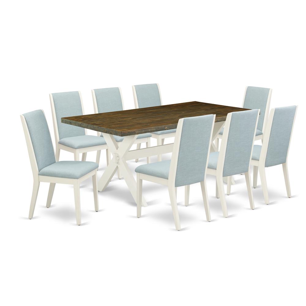 East West Furniture X077LA015-9 9Pc Kitchen Table Set Offers a Wood Dining Table and 8 Parson Dining Chairs with Baby Blue Color Linen Fabric, Medium Size Table with Full Back Chairs, Wirebrushed Line