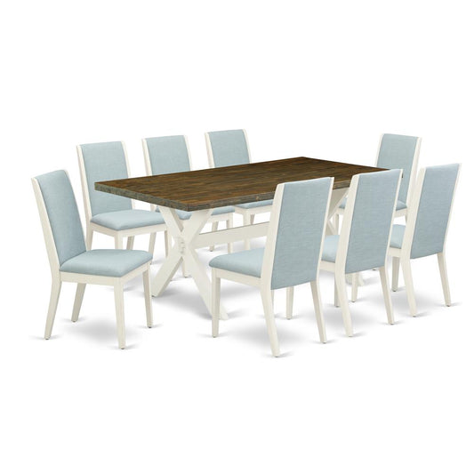 East West Furniture X077LA015-9 9Pc Kitchen Table Set Offers a Wood Dining Table and 8 Parson Dining Chairs with Baby Blue Color Linen Fabric, Medium Size Table with Full Back Chairs, Wirebrushed Line