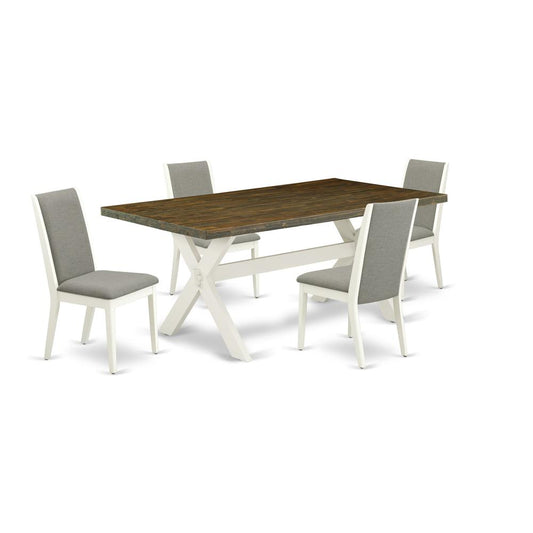 East West Furniture X077LA206-5 5-Piece Modern Dining Table Set an Outstanding Distressed Jacobean Wood Table Top and 4 Attractive Linen Fabric Kitchen Chairs with Stylish Chair Back, Linen White Fini