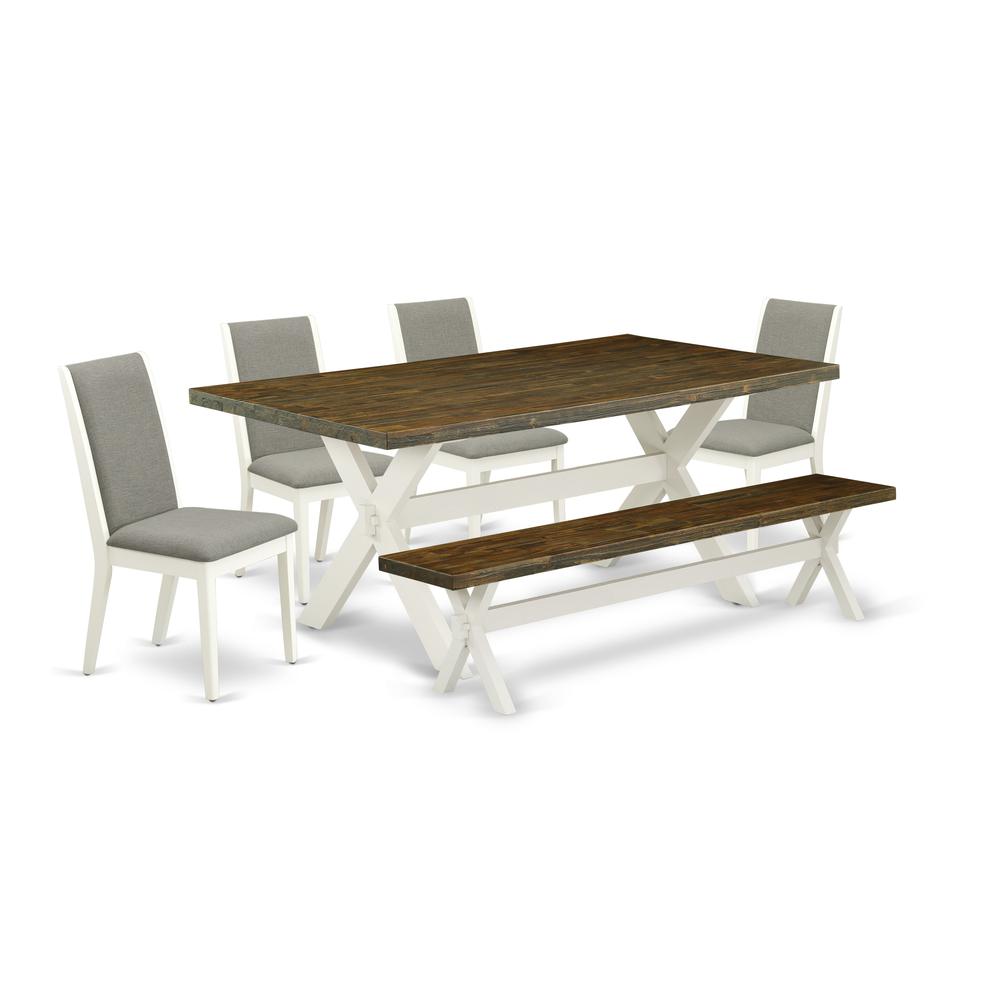 East West Furniture X077LA206-6 6-Piece Amazing Modern Dining Table Set a Great Distressed Jacobean Color Wood Dining Table Top and Distressed Jacobean Color Wooden Bench and 4 Beautiful Linen Fabric