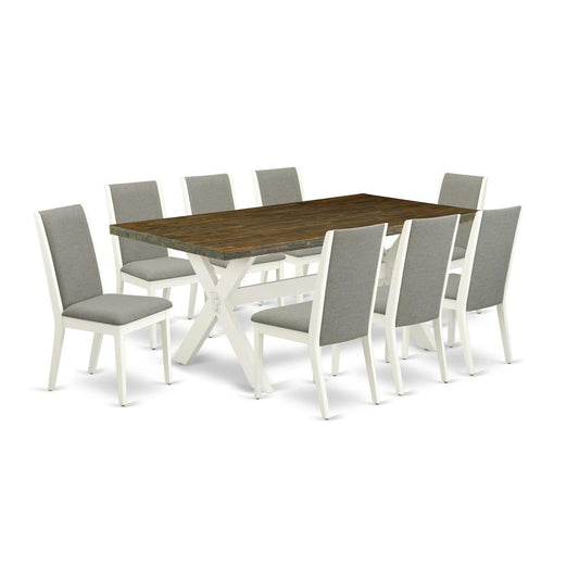 East West Furniture X077LA206-9 9-Piece Amazing Dining Set a Great Cement Color Dining Table Top and 8 Beautiful Linen Fabric Dining Chairs with Stylish Chair Back, Linen White Finish