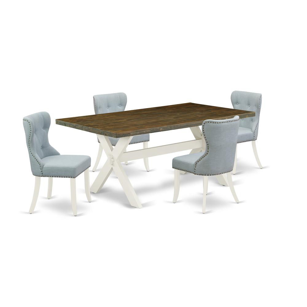 East West Furniture X077SI215-5 5-Piece Dining Table Set- 4 Padded Parson Chairs with Baby Blue Linen Fabric Seat and Button Tufted Chair Back - Rectangular Table Top & Wooden Cross Legs - Distressed