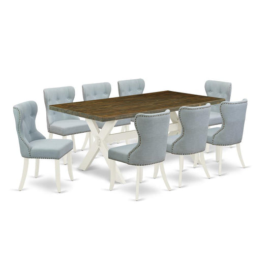 East West Furniture X077SI215-9 9-Pc Modern Dining Table Set- 8 Parson Dining Chairs with Baby Blue Linen Fabric Seat and Button Tufted Chair Back - Rectangular Table Top & Wooden Cross Legs - Distres