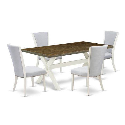 East West Furniture 5-Piece Kitchen Table Set Includes 4 Modern Chairs with Upholstered Seat and Stylish Back-Rectangular Kitchen Table - Distressed Jacobean and Wirebrushed Linen White Finish