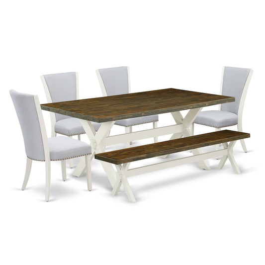 East West Furniture X077VE005-6 6 Piece Dining Set - Distressed Jacobean Dinner Table, 1 Wooden Bench and 4 Grey Linen Fabric Parson Dining Room Chairs with Nailheads - Wire Brushed Linen White Finish