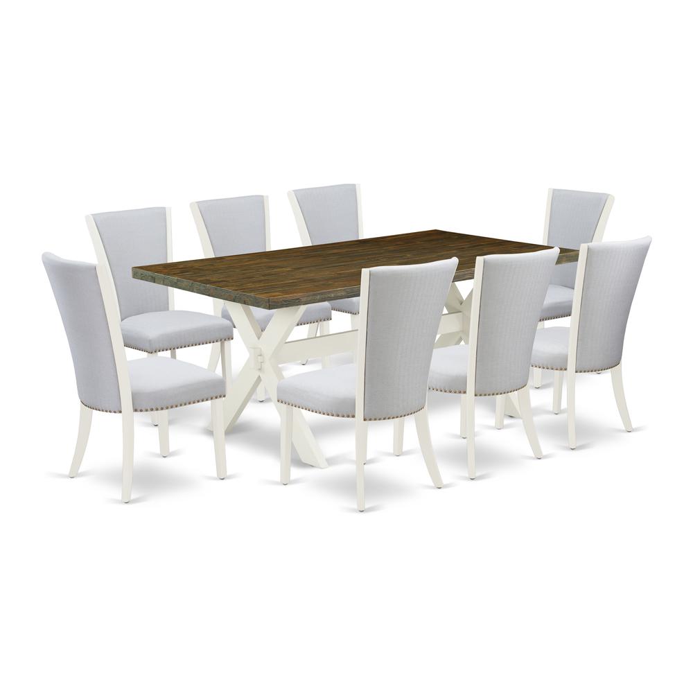 East West Furniture 9-Pc Dining Table Set Consists of 8 Dining Chairs with Upholstered Seat-Rectangular Rectangular Dining Table - Distressed Jacobean and Wirebrushed Linen White Finish