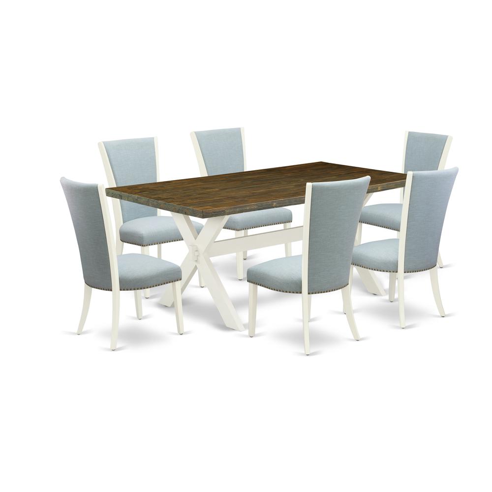 East West Furniture X077VE215-7 7 Piece Dining Room Set - 6 Baby Blue Linen Fabric Dining Room Chair with Nail Heads and Distressed Jacobean Dining Table - Linen White Finish