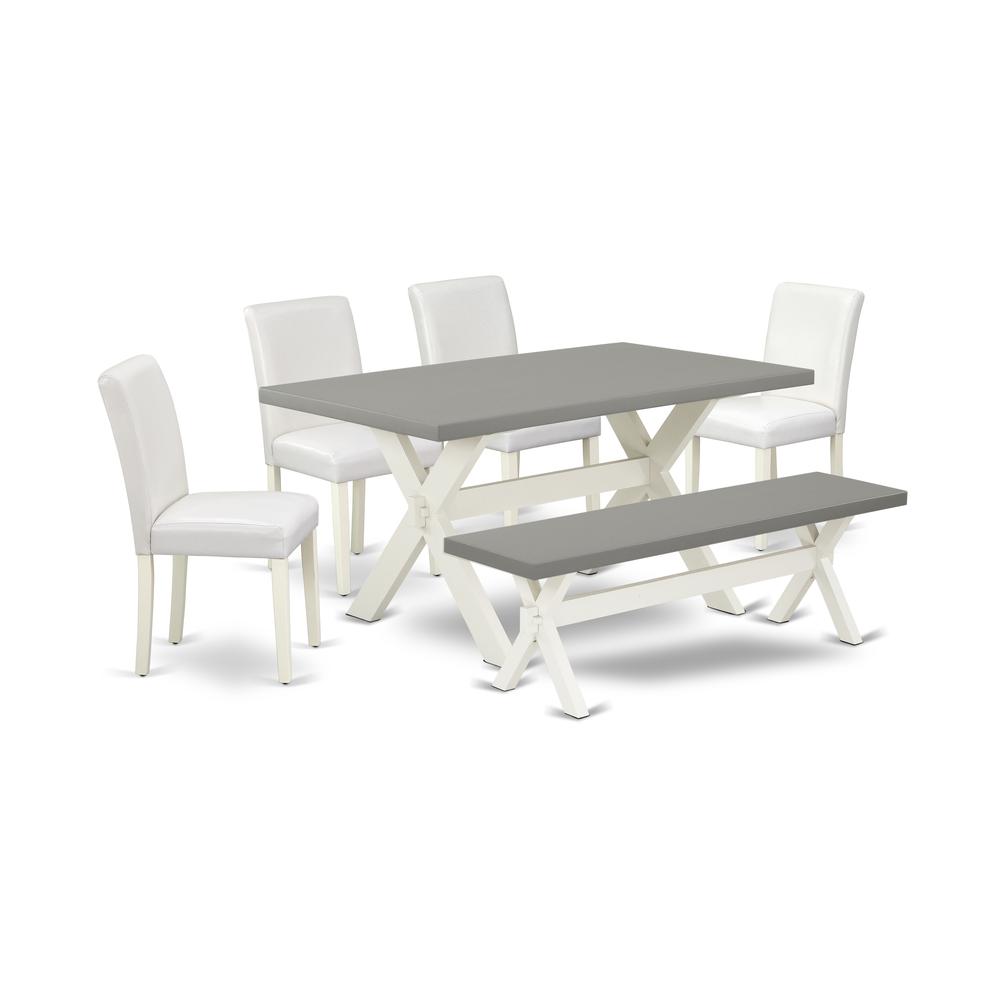 East West Furniture X096AB264-6 6-Piece Amazing Dining Table Set a High Quality Cement Color Wood Table Top and Cement Color Indoor Bench and 4 Lovely Pu Leather Dining Chairs with Stylish Chair Back,