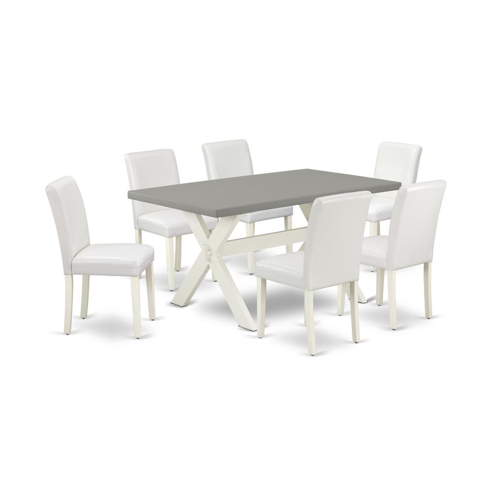 East West Furniture X096AB264-7 7-Piece Beautiful Rectangular Dining Room Table Set an Excellent Cement Color Kitchen Table Top and 6 Lovely Pu Leather Parson Chairs with Stylish Chair Back, Linen Whi