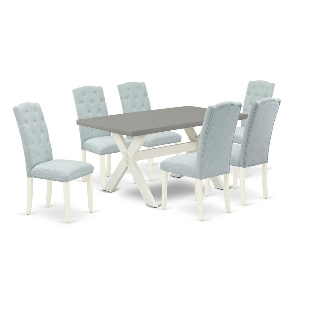 East West Furniture 7-Piece Modern Dining Set- 6 Upholstered Dining Chairs with Baby Blue Linen Fabric Seat and Button Tufted Chair Back - Rectangular Table Top & Wooden Cross Legs - Cement and Linen