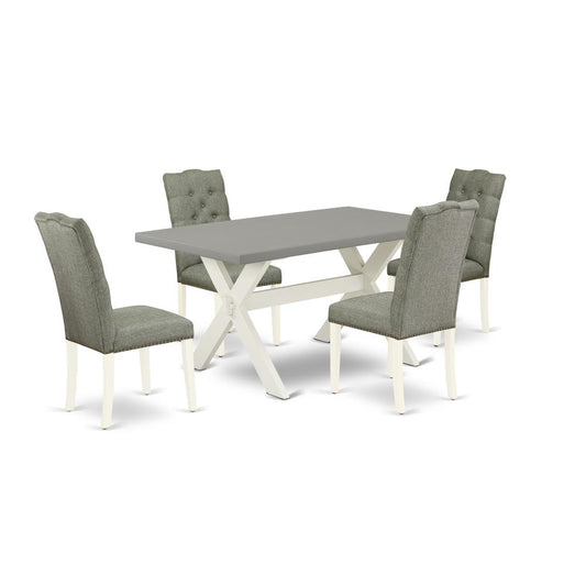 East West Furniture 5-Pc Modern Dining Table Set- 4 Parson Dining Chairs with Smoke Linen Fabric Seat and Button Tufted Chair Back - Rectangular Table Top & Wooden Cross Legs - Cement and Linen White