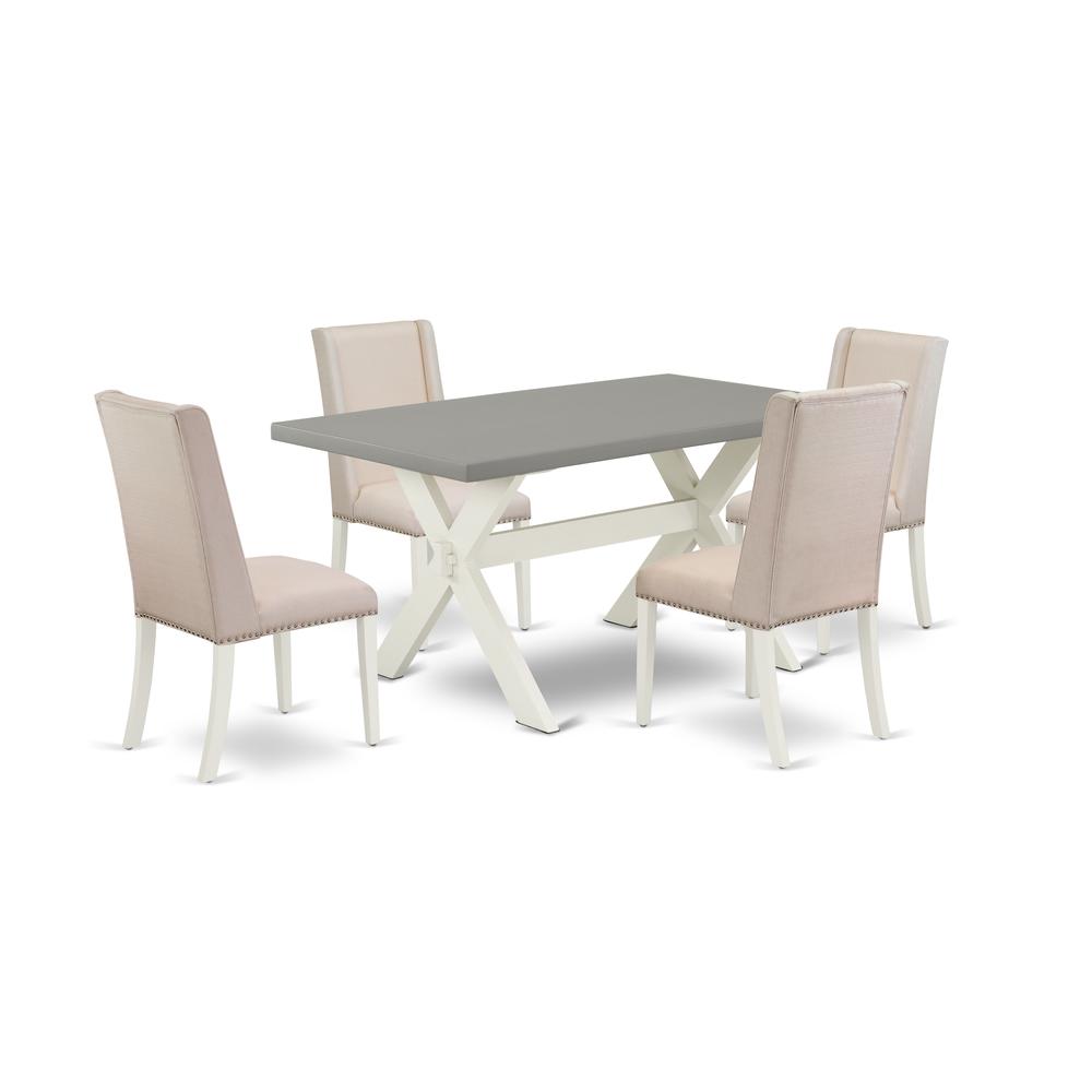 East West Furniture X096FL201-5 5-Piece Beautiful Rectangular Dining Room Table Set an Outstanding Cement Color Kitchen Table Top and 4 Attractive Linen Fabric Parson Chairs with Nail Heads and Stylis