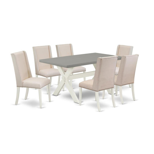 East West Furniture X096FL201-7 7-Piece Awesome Rectangular Table Set a Superb Cement Color Dining Room Table Top and 6 Amazing Linen Fabric Dining Chairs with Nail Heads and Stylish Chair Back, Linen