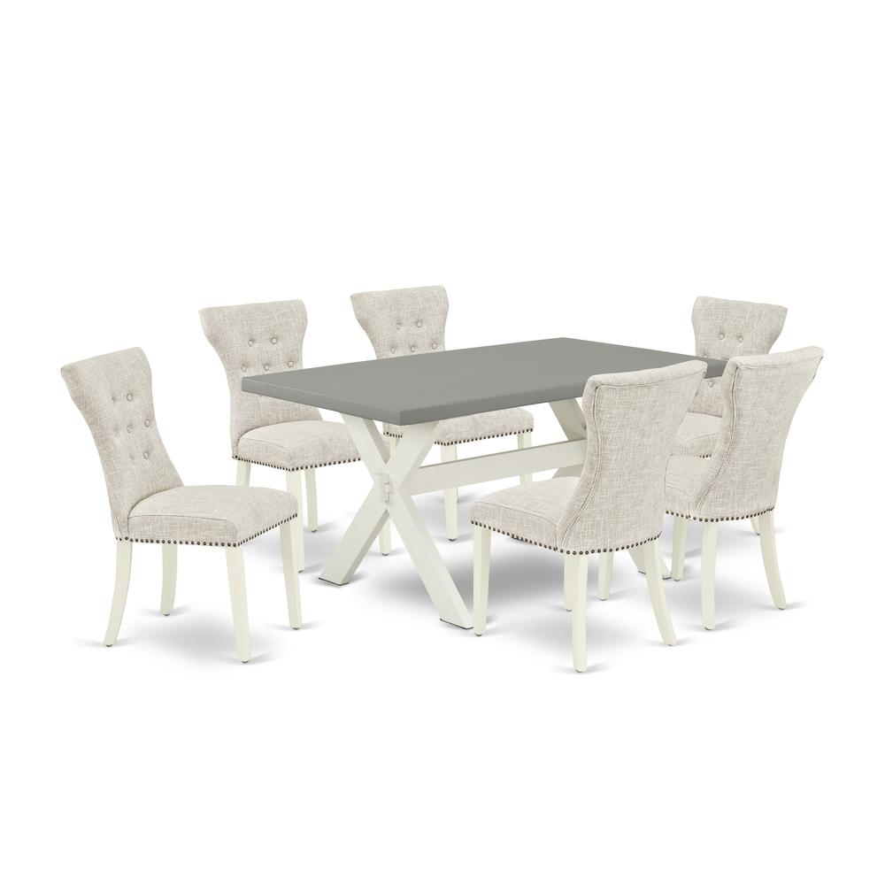 East West Furniture 7-Pc Dining Room Table Set- 6 Parson Dining Room Chairs with Doeskin Linen Fabric Seat and Button Tufted Chair Back - Rectangular Table Top & Wooden Cross Legs - Cement and Linen W