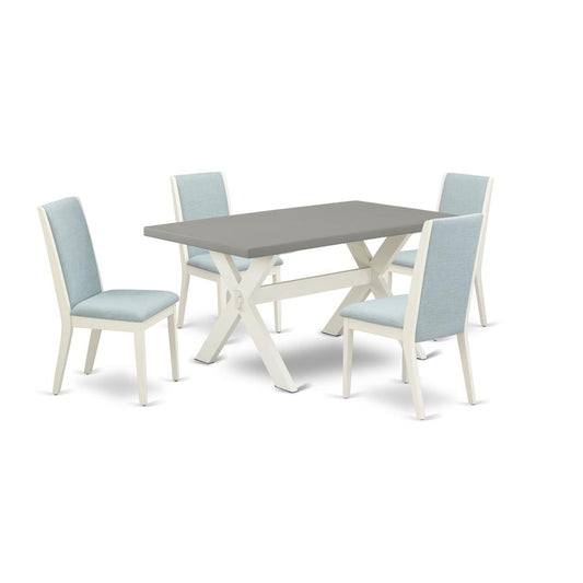 East West Furniture X096LA015-5 5Pc Kitchen Set Contains a Wood Table and 4 Parson Chairs with Baby Blue Color Linen Fabric, Medium Size Table with Full Back Chairs, Wirebrushed Linen White and Cement