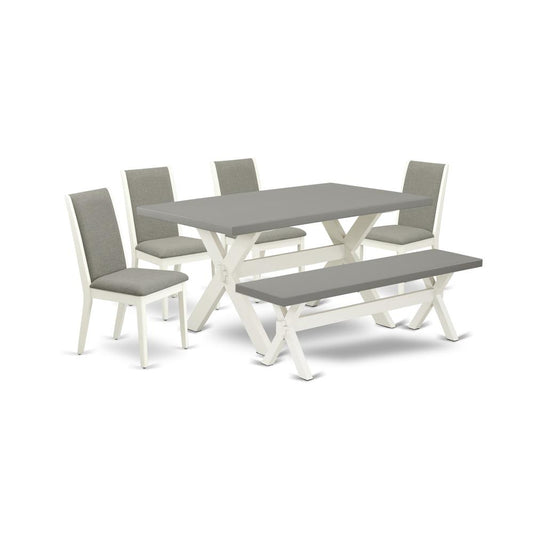 East West Furniture X096LA206-6 6-Piece Fashionable Modern Dining Table Set a Superb Cement Color Kitchen Table Top and Cement Color Bench and 4 Gorgeous Linen Fabric Dining Chairs with Stylish Chair