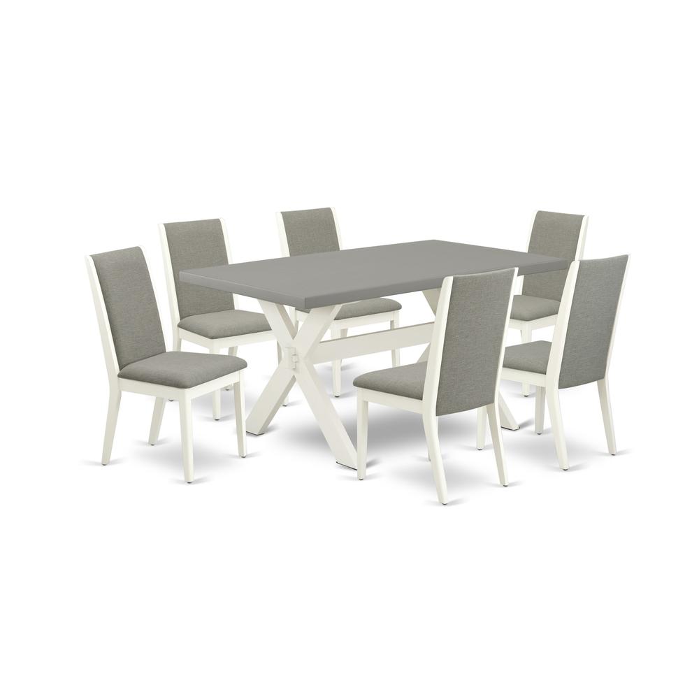 East West Furniture X096LA206-7 7-Piece Modern Dining Room Table Set a Good Cement Color Wood Dining Table Top and 6 Wonderful Linen Fabric Kitchen Chairs with Stylish Chair Back, Linen White Finish