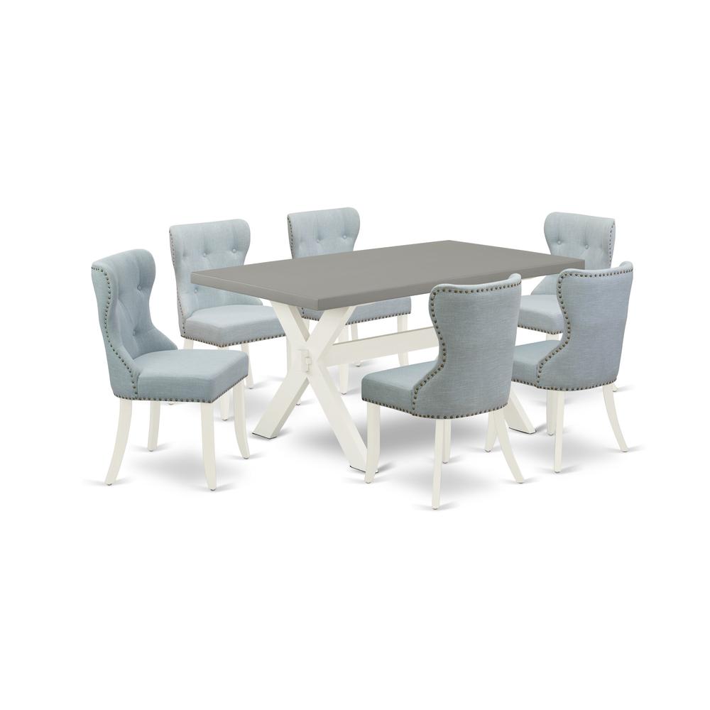 East West Furniture X096SI215-7 7-Pc Kitchen Dining Room Set- 6 Kitchen Parson Chairs with Baby Blue Linen Fabric Seat and Button Tufted Chair Back - Rectangular Table Top & Wooden Cross Legs - Cement